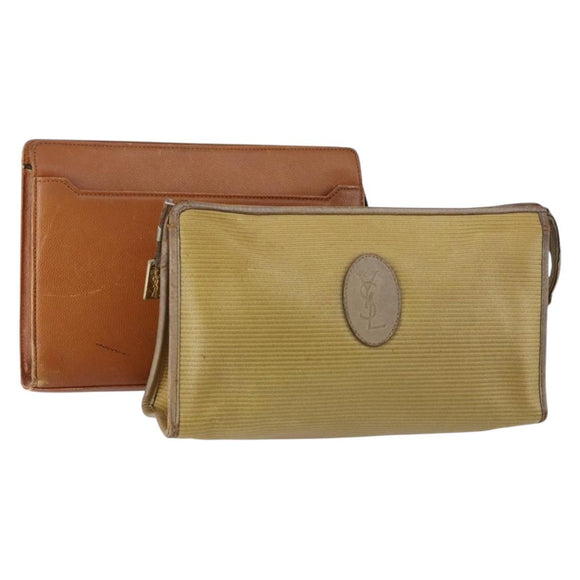 SAINT LAURENT Clutch Bag Leather 2 Set Beige Brown Auth 154537