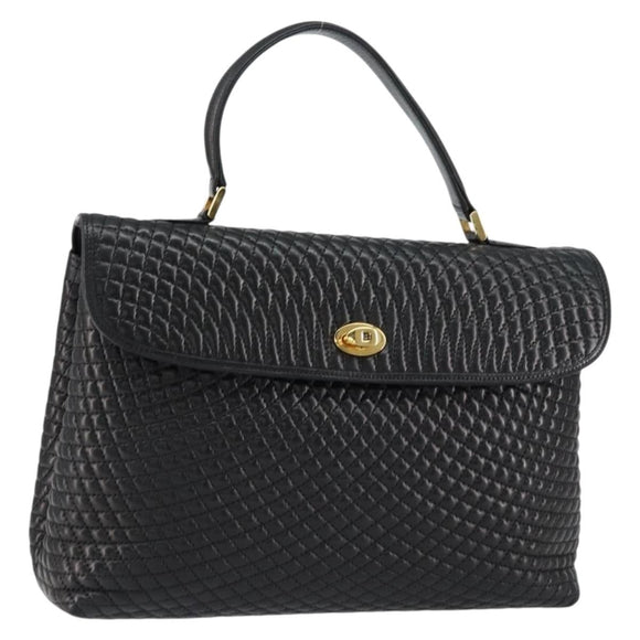 BALLY Quilted Hand Bag Leather Black gold Auth 154581