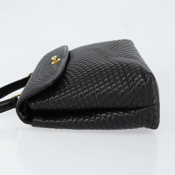 BALLY Quilted Hand Bag Leather Black gold Auth 154581