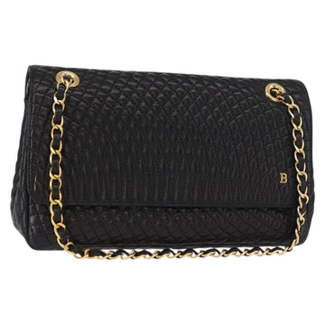 BALLY Quilted Chain Shoulder Bag Leather Black Gold Auth 154582