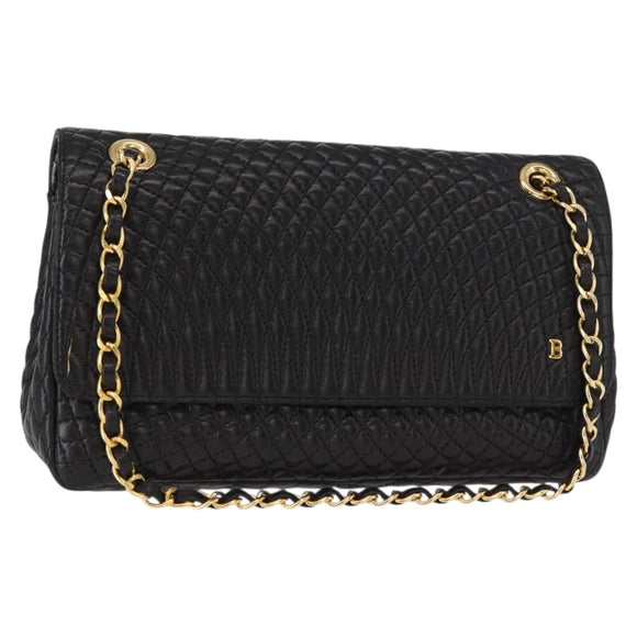 BALLY Quilted Chain Shoulder Bag Leather Black Gold Auth 154582
