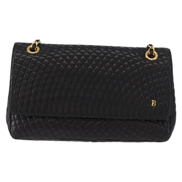 BALLY Quilted Chain Shoulder Bag Leather Black Gold Auth 154582