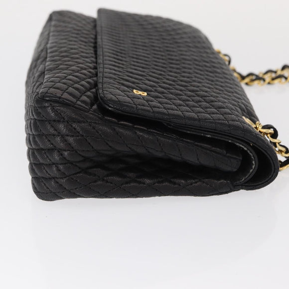 BALLY Quilted Chain Shoulder Bag Leather Black Gold Auth 154582