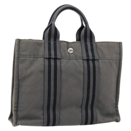HERMES Fourre ToutPM Hand Bag Canvas Gray Silver Auth 154596