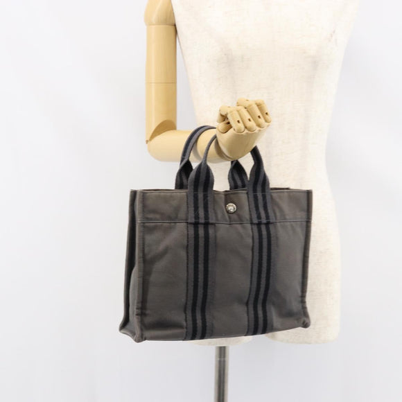 HERMES Fourre ToutPM Hand Bag Canvas Gray Silver Auth 154596