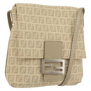 FENDI Zucchino Canvas Shoulder Bag Beige Silver Auth 154619-1
