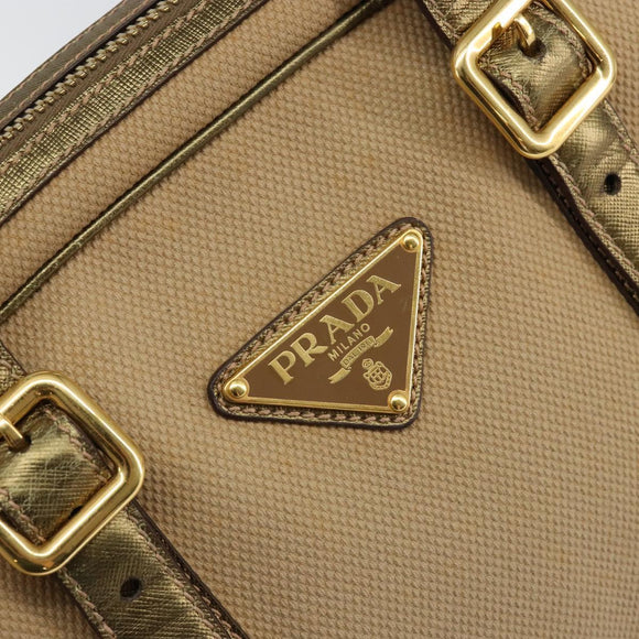 PRADA Hand Bag Canvas Beige Gold Auth 154622