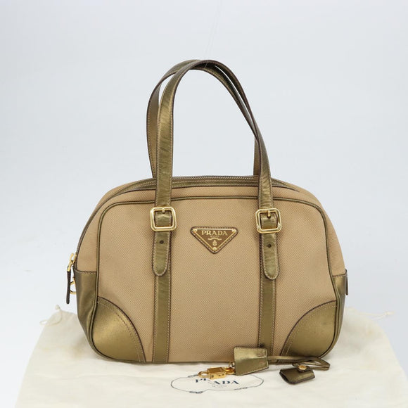 PRADA Hand Bag Canvas Beige Gold Auth 154622