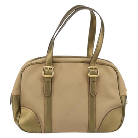 PRADA Hand Bag Canvas Beige Gold Auth 154622 - 0