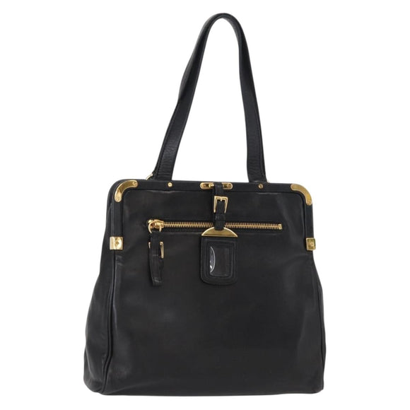 PRADA Hand Bag Leather Black Gold Auth 154623