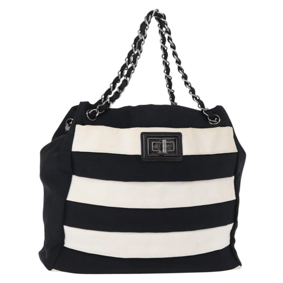 CHANEL 2.55 Chain Shoulder Bag Nylon Black Silver CC Auth 154629