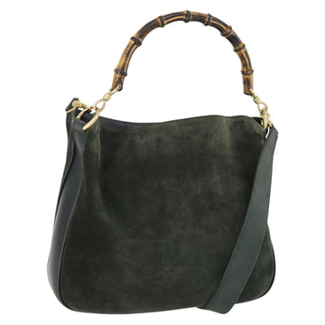 GUCCI Bamboo Hand Bag Suede 2way Green Gold 001 1014 1638 0 Auth 154655