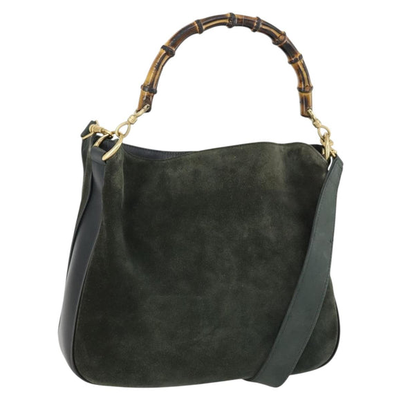 GUCCI Bamboo Hand Bag Suede 2way Green Gold 001 1014 1638 0 Auth 154655