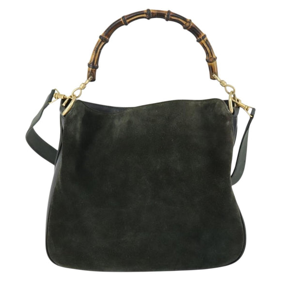 GUCCI Bamboo Hand Bag Suede 2way Green Gold 001 1014 1638 0 Auth 154655