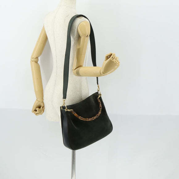 GUCCI Bamboo Hand Bag Suede 2way Green Gold 001 1014 1638 0 Auth 154655