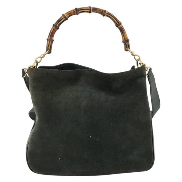 GUCCI Bamboo Hand Bag Suede 2way Green Gold 001 1014 1638 0 Auth 154655