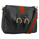 GUCCI Web Sherry Line Shoulder Bag Leather Black Gold Red Auth 154664-1