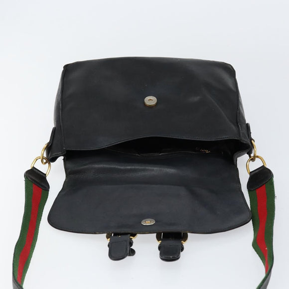 GUCCI Web Sherry Line Shoulder Bag Leather Black Gold Red Auth 154664