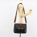 GUCCI Web Sherry Line Shoulder Bag Leather Black Gold Red Auth 154664-25