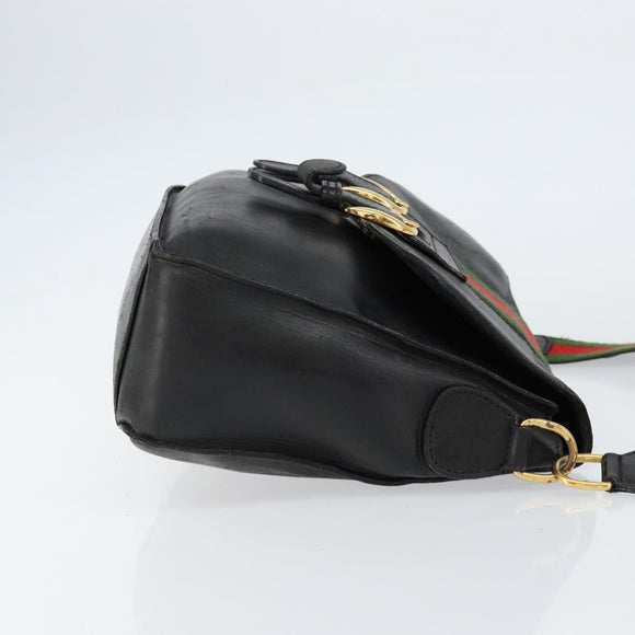 GUCCI Web Sherry Line Shoulder Bag Leather Black Gold Red Auth 154664