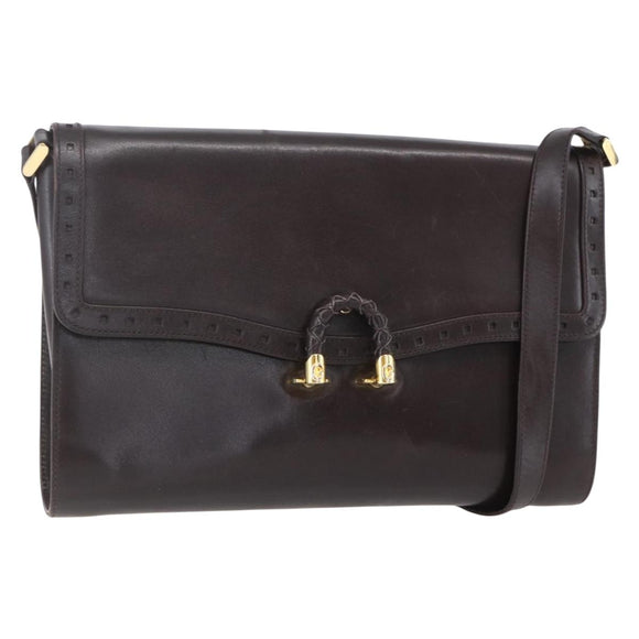 GUCCI Shoulder Bag Leather Brown Gold Auth 154665