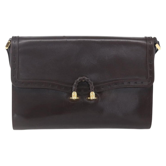 GUCCI Shoulder Bag Leather Brown Gold Auth 154665