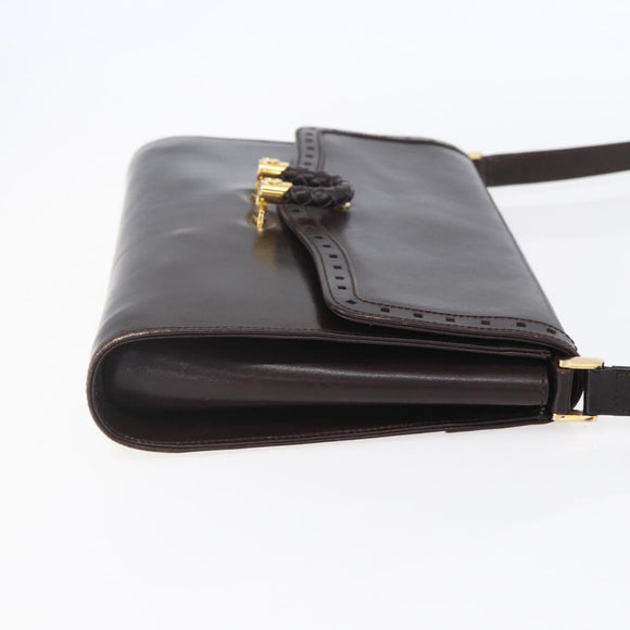 GUCCI Shoulder Bag Leather Brown Gold Auth 154665