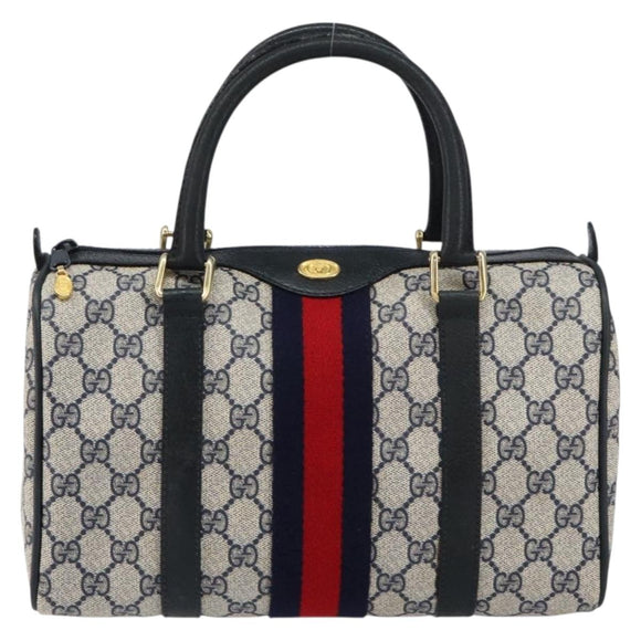 GUCCI GG Supreme Sherry Line Boston Bag PVC Navy Gold 378 012 3841 Auth 154670