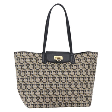 Salvatore Ferragamo Gancini Tote Bag Canvas Navy Gold Auth 154673