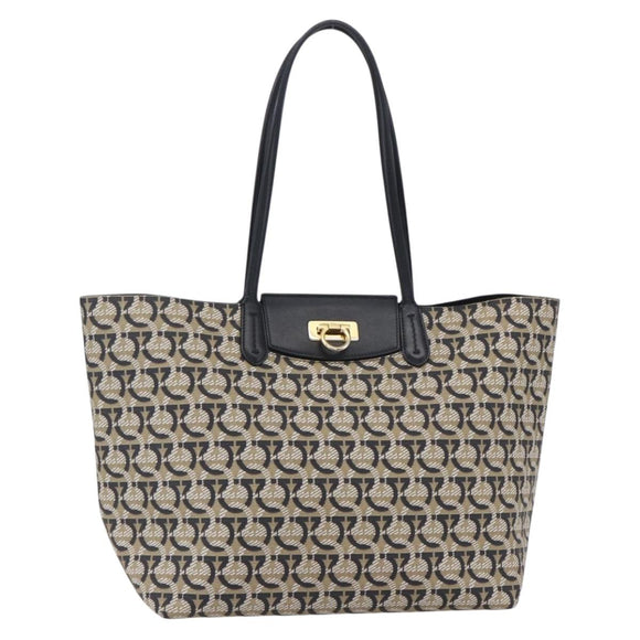 Salvatore Ferragamo Gancini Tote Bag Canvas Navy Gold Auth 154673