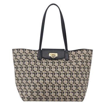 Salvatore Ferragamo Gancini Tote Bag Canvas Navy Gold Auth 154673 - 0