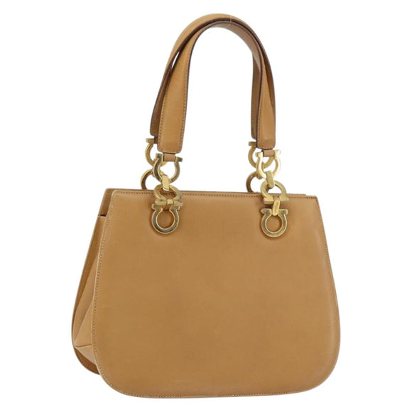 Salvatore Ferragamo Gancini Hand Bag Leather Beige Gold Auth 154675
