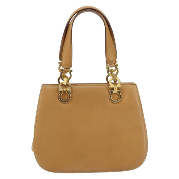 Salvatore Ferragamo Gancini Hand Bag Leather Beige Gold Auth 154675