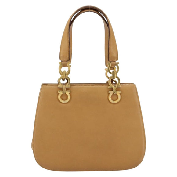 Salvatore Ferragamo Gancini Hand Bag Leather Beige Gold Auth 154675