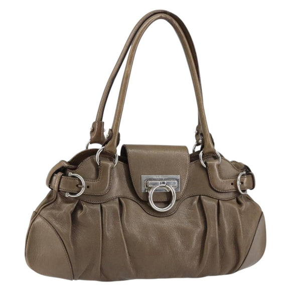 Salvatore Ferragamo Gancini Hand Bag Leather Brown Silver Auth 154678