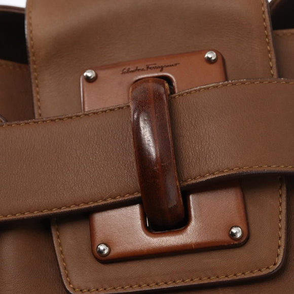 Salvatore Ferragamo Hand Bag Leather Brown Silver Auth 154683