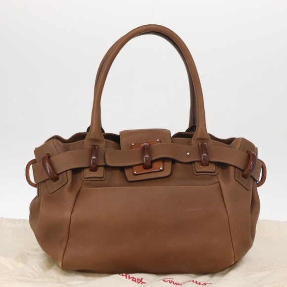 Salvatore Ferragamo Hand Bag Leather Brown Silver Auth 154683