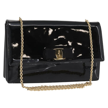 Salvatore Ferragamo Vala Chain Shoulder Bag Enamel Black Gold Auth 154685