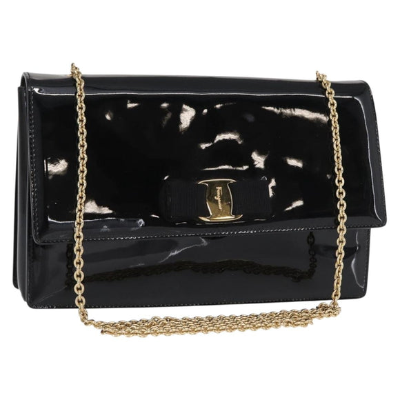 Salvatore Ferragamo Vala Chain Shoulder Bag Enamel Black Gold Auth 154685