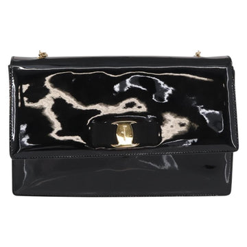 Salvatore Ferragamo Vala Chain Shoulder Bag Enamel Black Gold Auth 154685 - 0