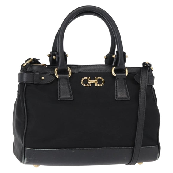 Salvatore Ferragamo Gancini Hand Bag Nylon 2way Black Gold Auth 154686
