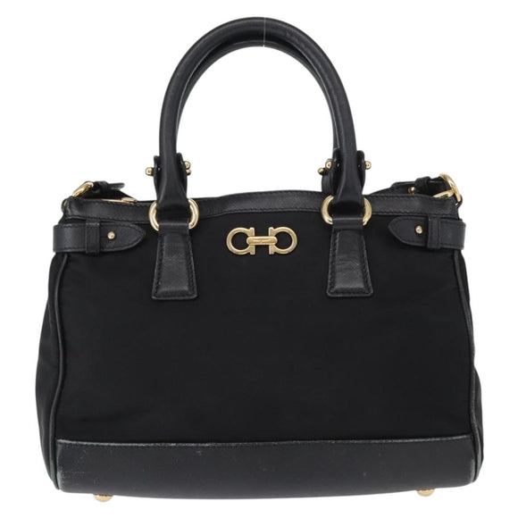 Salvatore Ferragamo Gancini Hand Bag Nylon 2way Black Gold Auth 154686