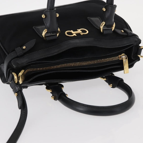 Salvatore Ferragamo Gancini Hand Bag Nylon 2way Black Gold Auth 154686