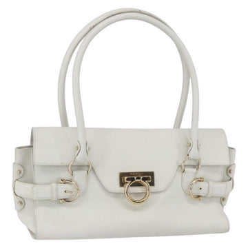 Salvatore Ferragamo Gancini Shoulder Bag Leather White Gold Auth 154689