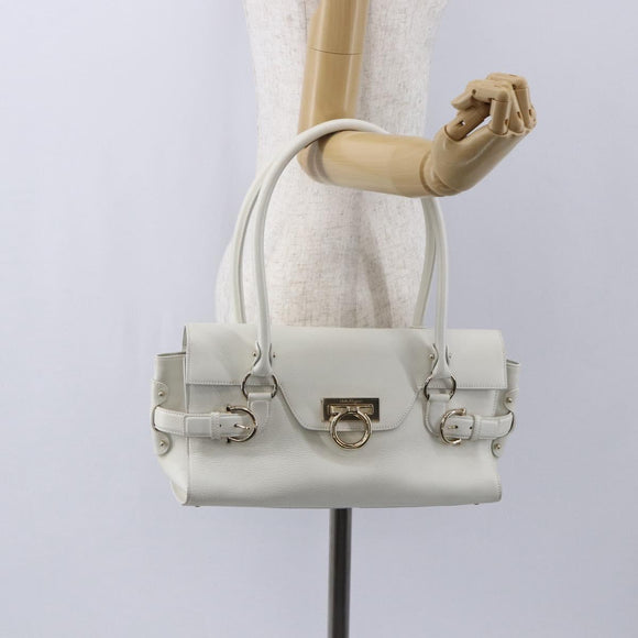 Salvatore Ferragamo Gancini Shoulder Bag Leather White Gold Auth 154689