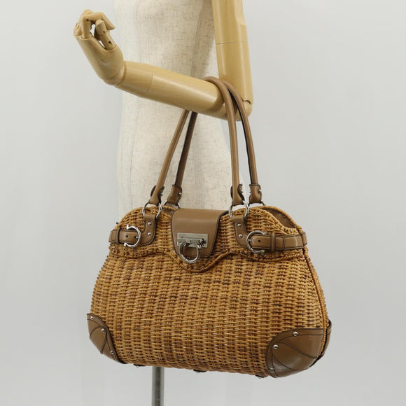 Salvatore Ferragamo Gancini Hand Bag Rattan Beige Silver Auth 154690A