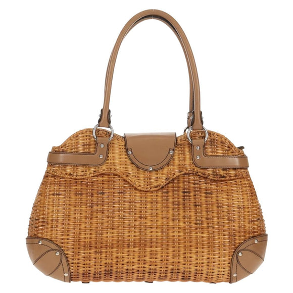Salvatore Ferragamo Gancini Hand Bag Rattan Beige Silver Auth 154690A