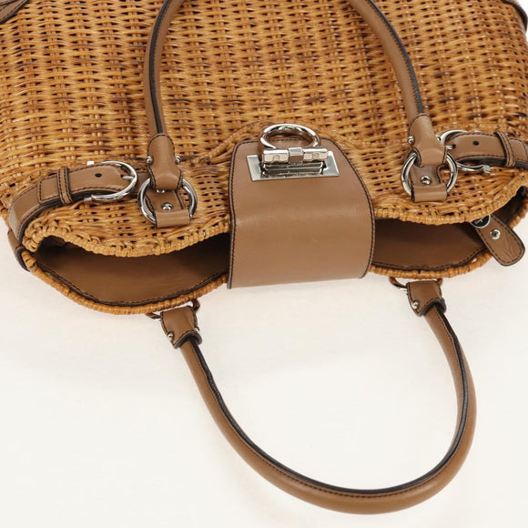Salvatore Ferragamo Gancini Hand Bag Rattan Beige Silver Auth 154690A