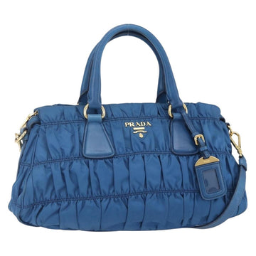 PRADA Gathered Hand Bag Nylon 2way Blue Gold Auth 154697