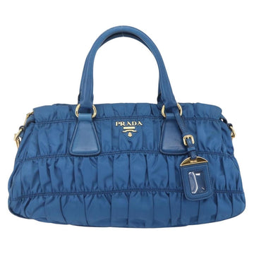 PRADA Gathered Hand Bag Nylon 2way Blue Gold Auth 154697 - 0